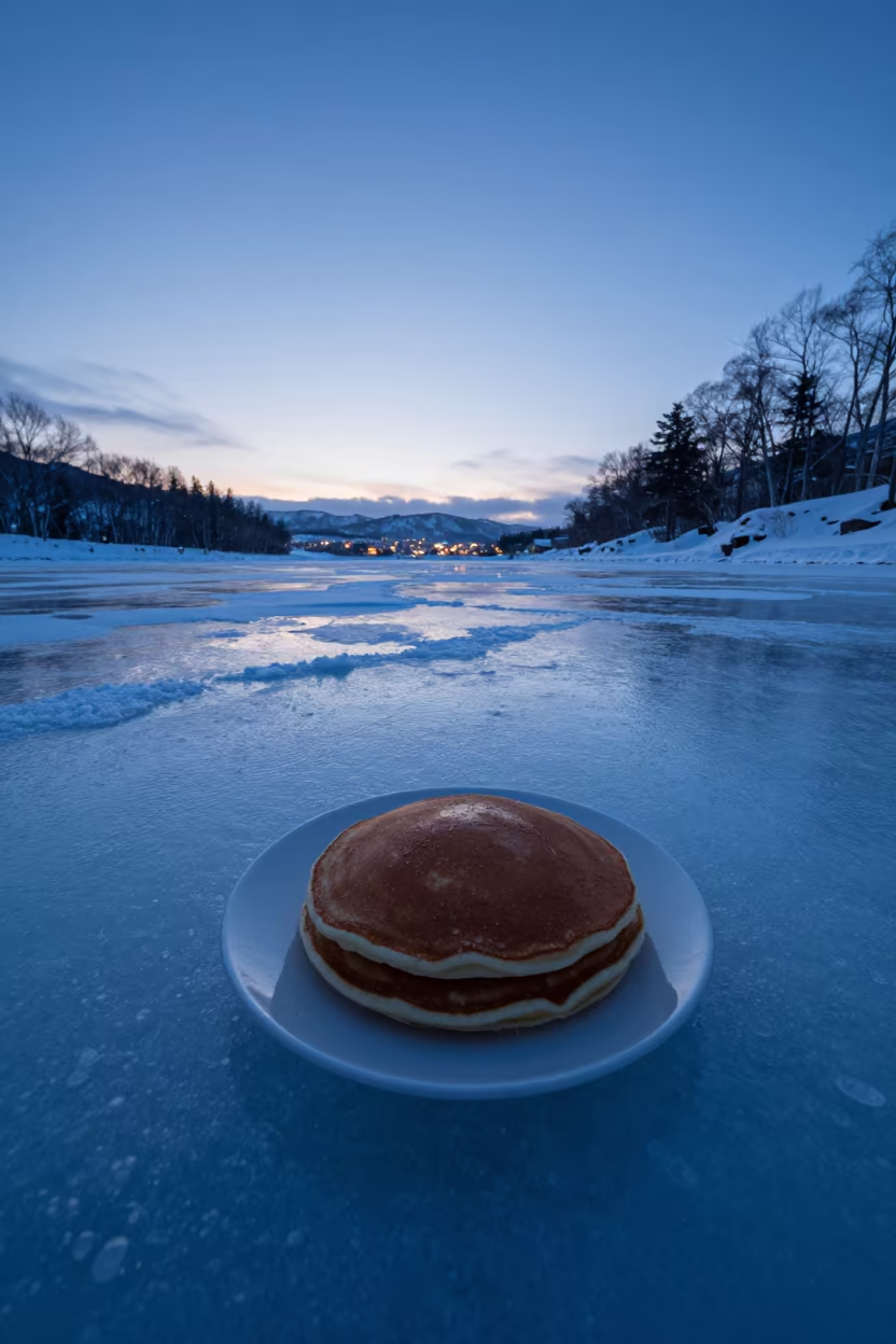 Pancake Ice on Freezing Arctic Sea at Blue Hour in across a wide valley floor near Sapporo