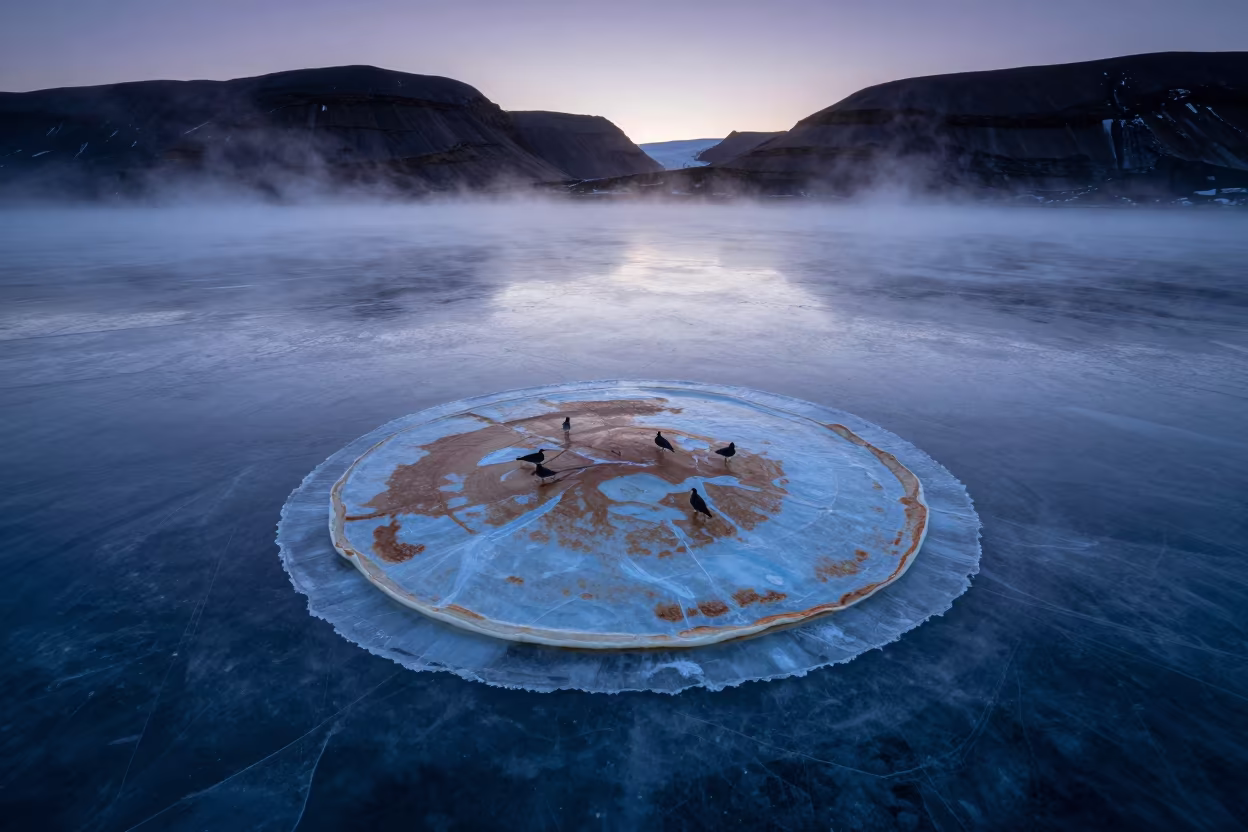 Pancake Ice on Arctic Sea Twilight Silhouette in from a ridge above layered foothills in Alberta