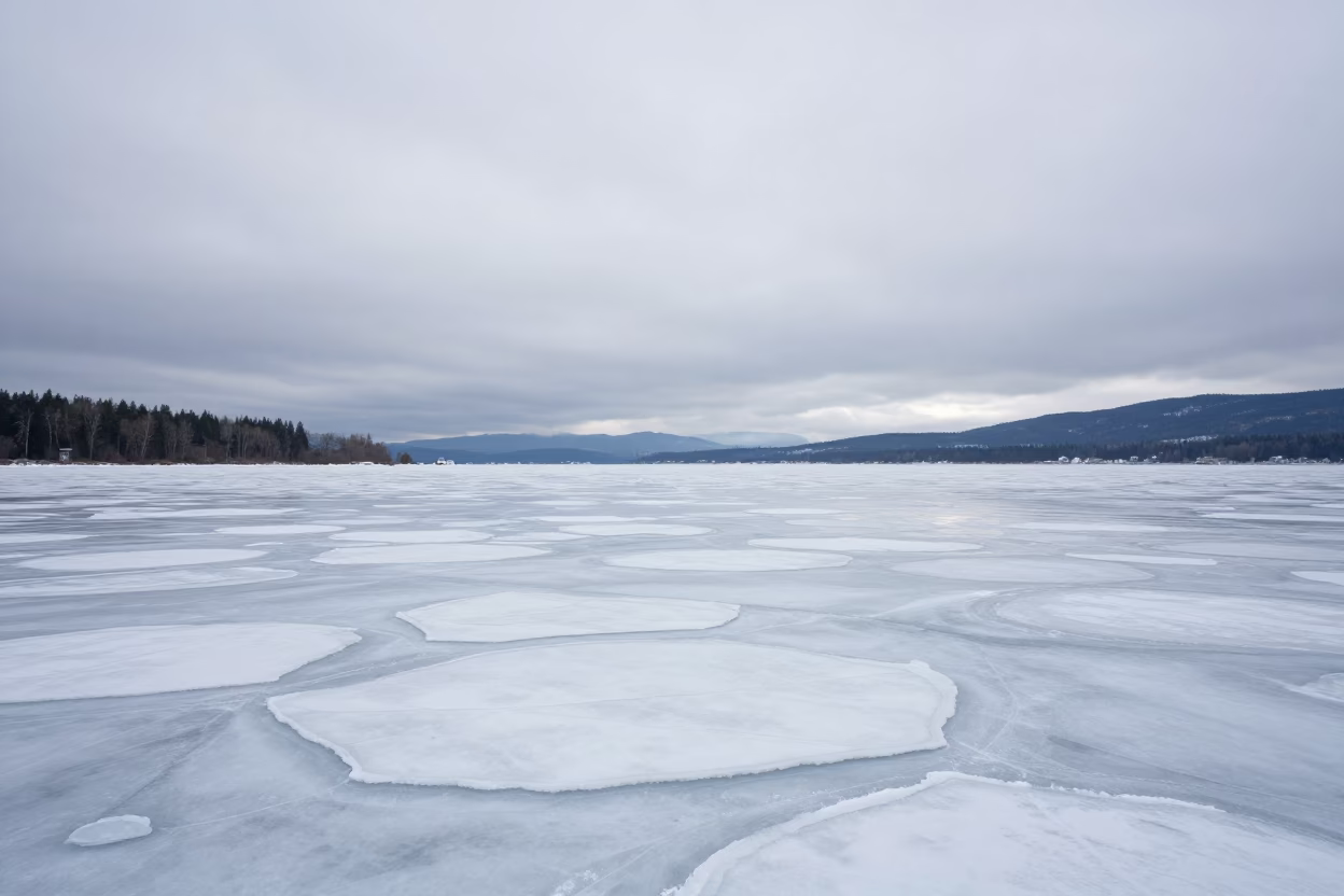 Pancake Ice Field on Freezing Sea Valley in across a wide valley floor near Vancouver