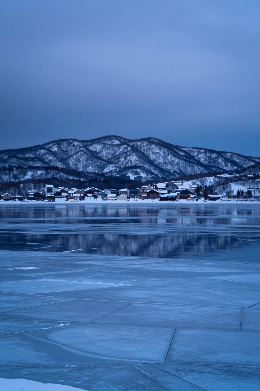 Pancake Ice Field Twilight Sapporo Foothills in from a ridge above layered foothills near Sapporo