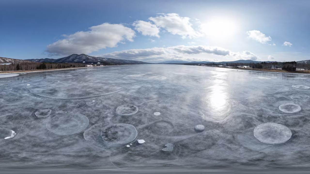 Pancake Ice Fields on Floodplain Near Sapporo in across a floodplain after rain near Sapporo