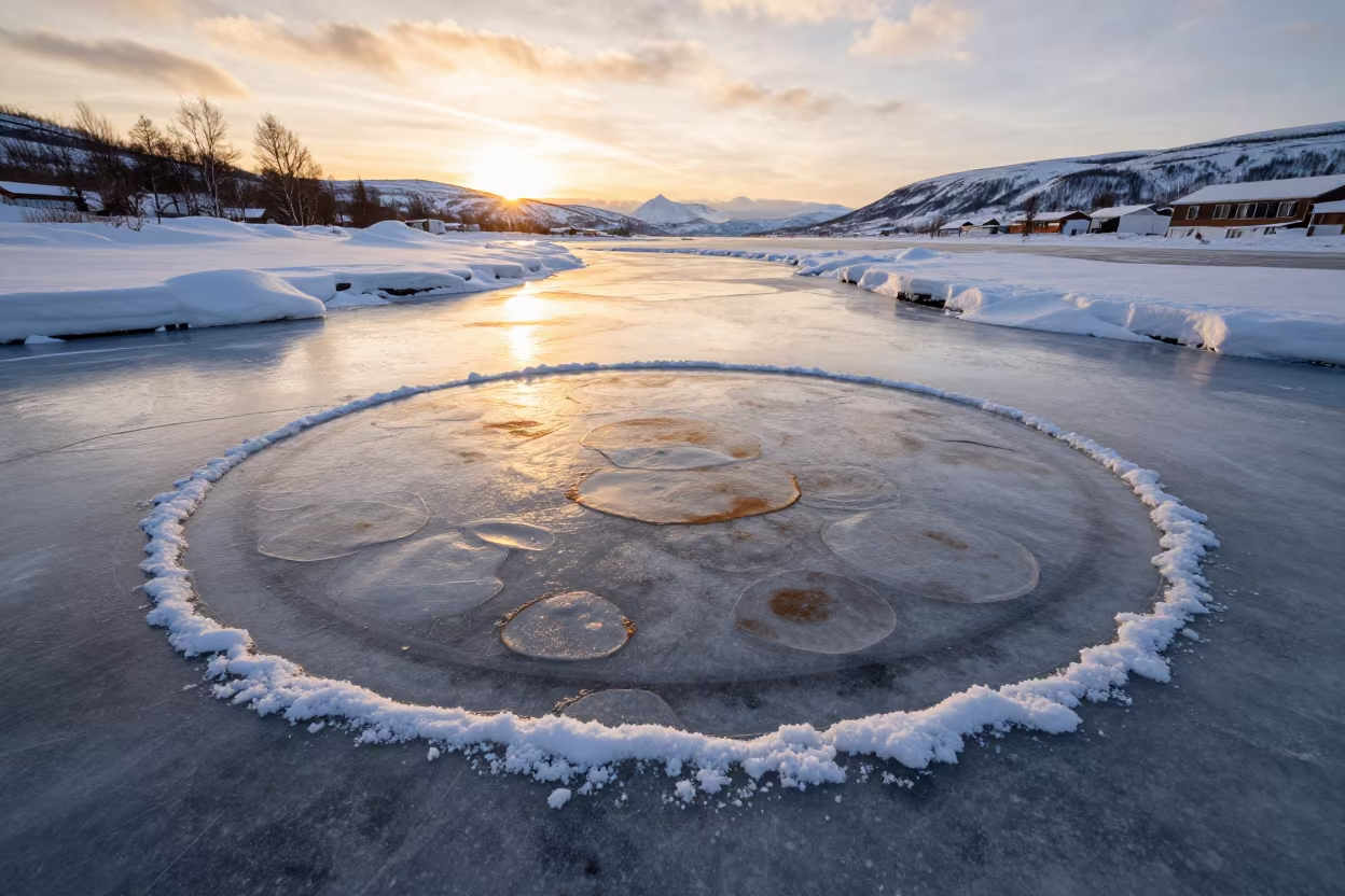Pancake Ice Fields on Floodplain at Winter Sunset in across a floodplain after rain near Oslo