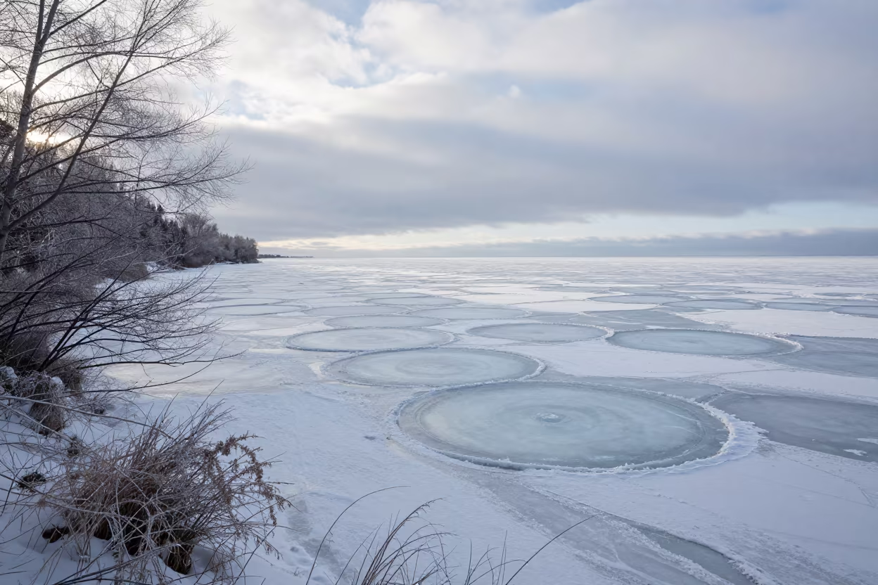 Pancake Ice Forming on Freezing Russian Sea in across a wide valley floor in Russia