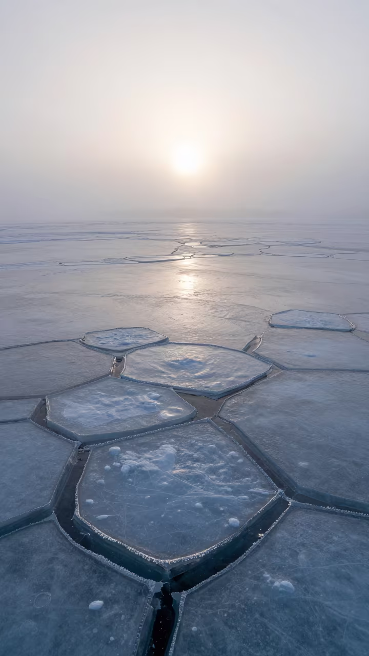 Pancake Ice Forming on Freezing Sea at Sunrise in across a wide valley floor in Finland