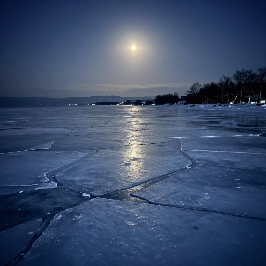 Pancake Ice on Freezing Sea Under Moonlight in across a wide valley floor near Sapporo