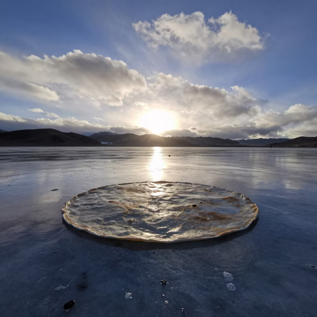Pancake Ice Silhouetted in Tibetan Dawn in across a floodplain after rain in Tibet