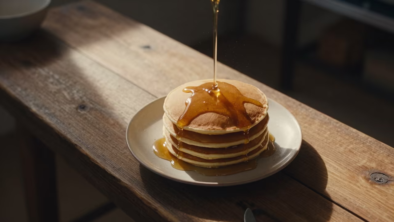 Pancakes with Maple Syrup on Wooden Bench in on a wooden workbench near Daejeon