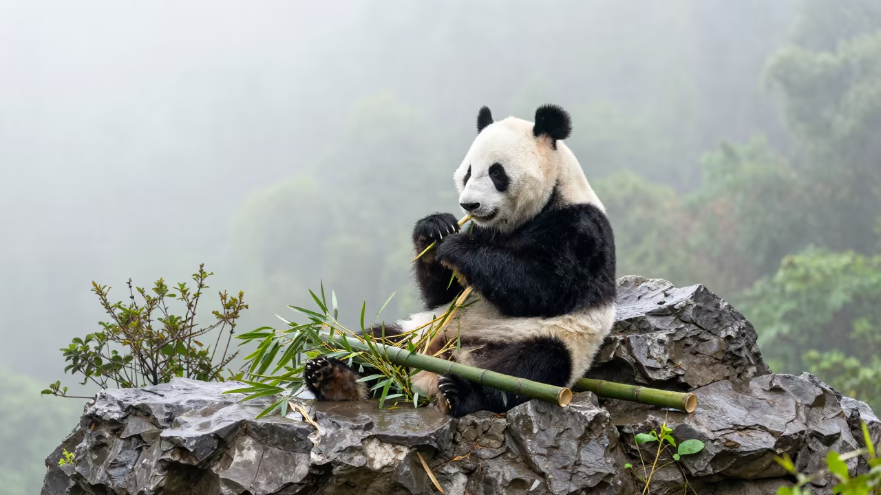 Panda Eating Bamboo on Cuban Ridge in on a wind-scoured ridge in Cuba
