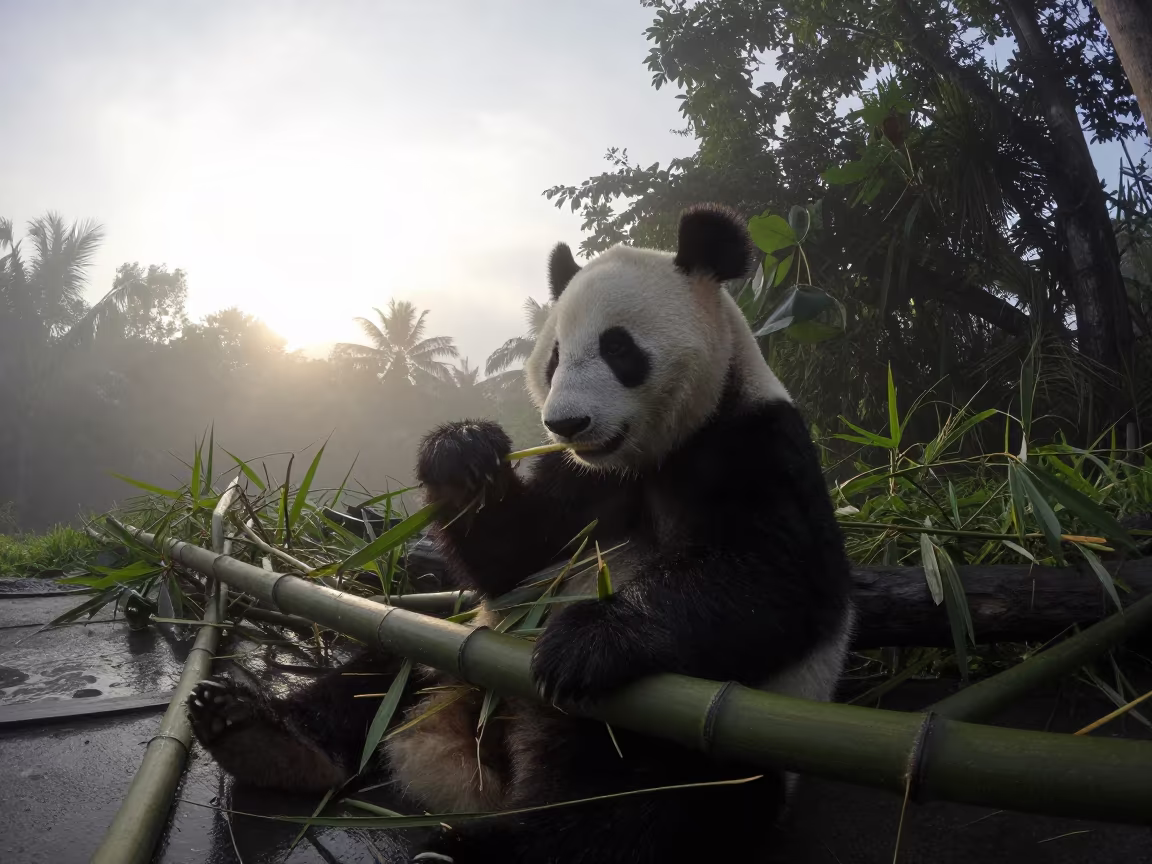 Panda Eating Bamboo at Dawn in Bali in in Bali