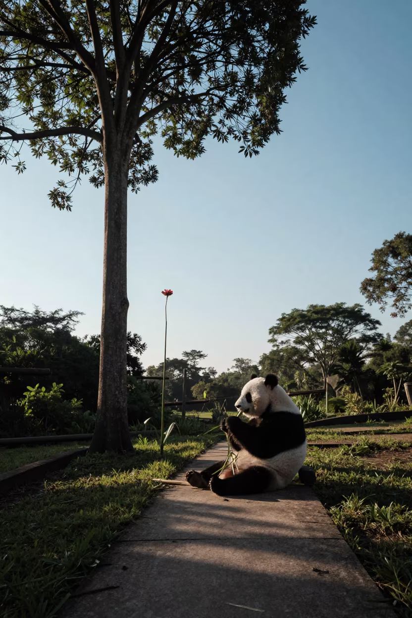 Panda Eating Bamboo Under Giant Flower in Brazil in along a game trail in Brazil