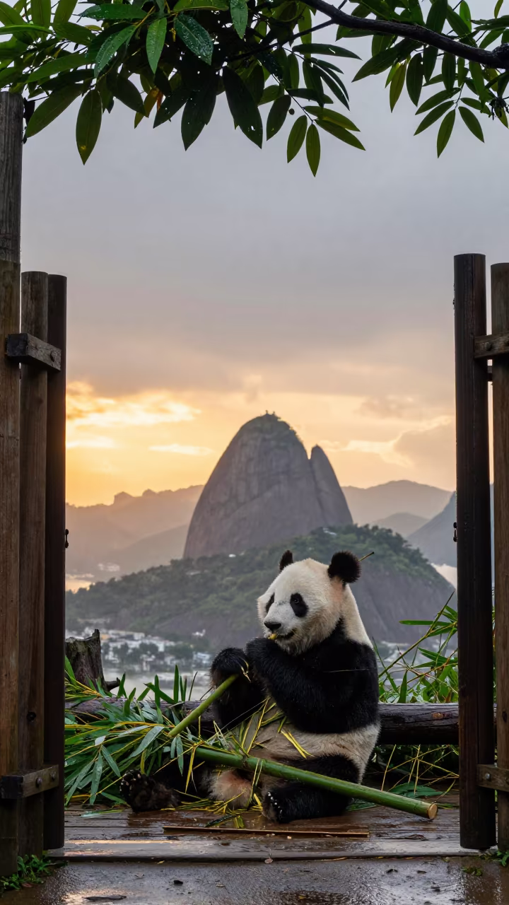 Panda Eating Bamboo at Rio Sunset in near Rio de Janeiro
