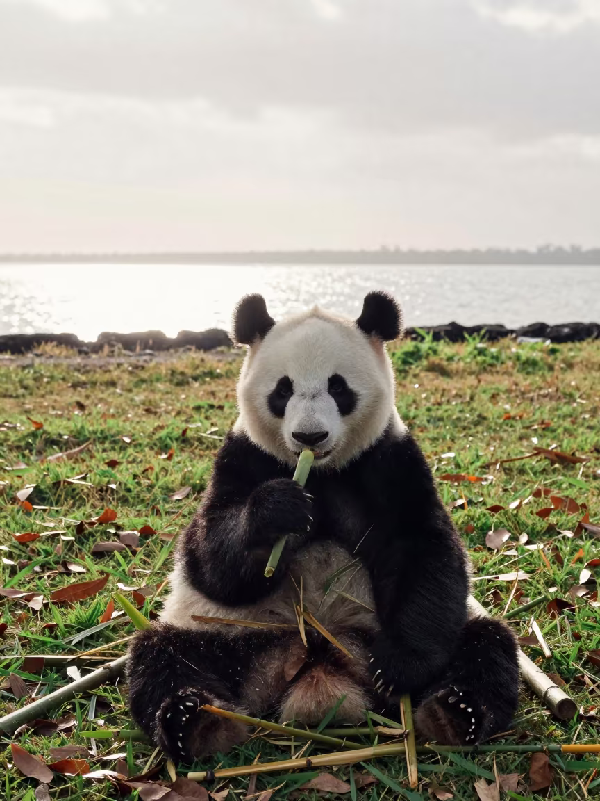Panda Eating Bamboo Stem in Mauritius Afternoon in in Mauritius