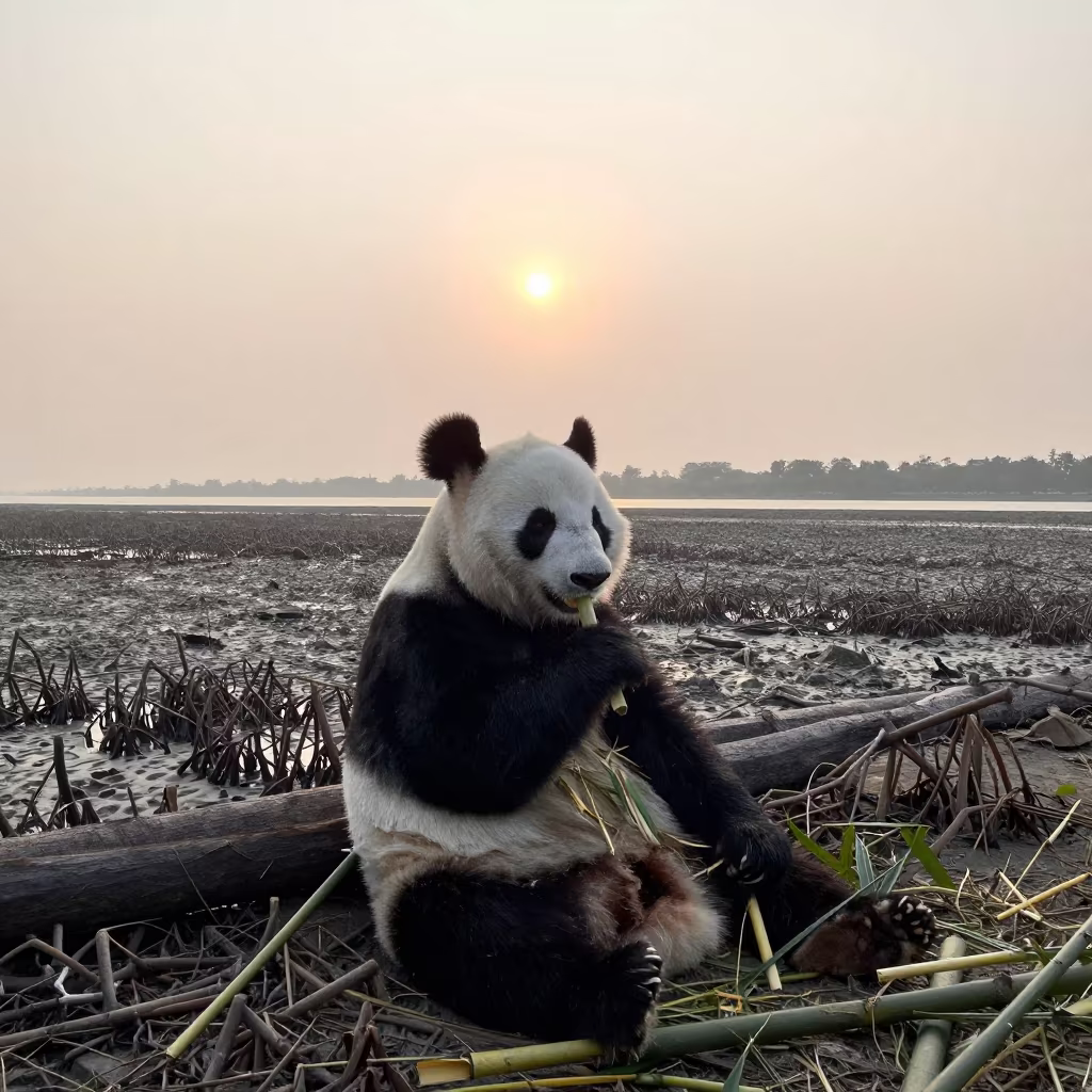 Panda Eats Bamboo Near Bangkok Tidal Inlet in beside a tidal inlet near Bangkok