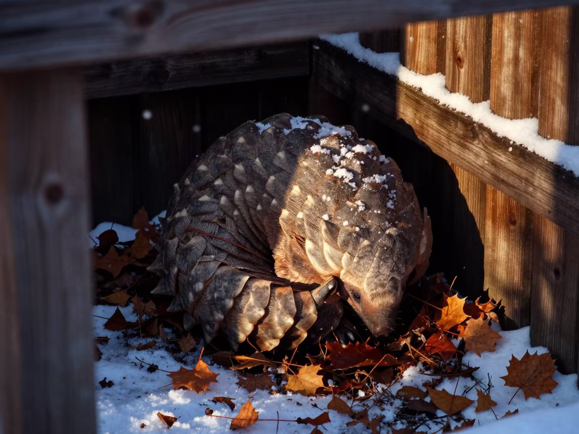 Pangolin Curled in Autumn Snow Near Iskenderun in near İskenderun