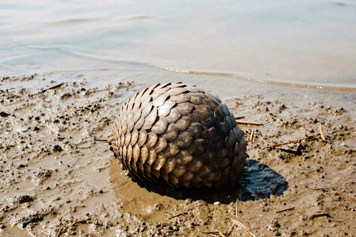 Pangolin Curled in Ball Beside Tidal Inlet in beside a tidal inlet near Waterloo