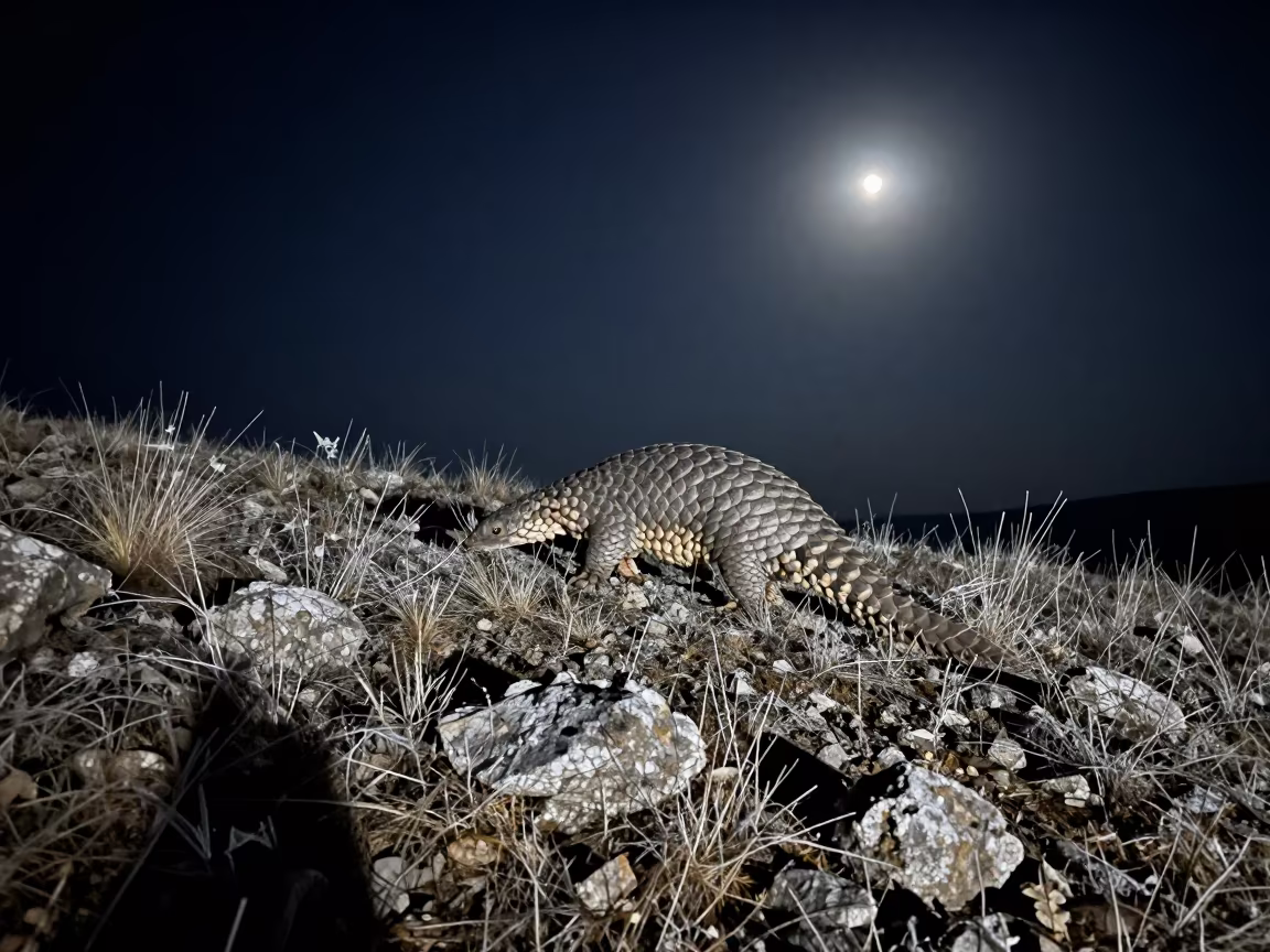 Pangolin Walking Under Full Moon on Ridge in on a wind-scoured ridge near Balıkesir