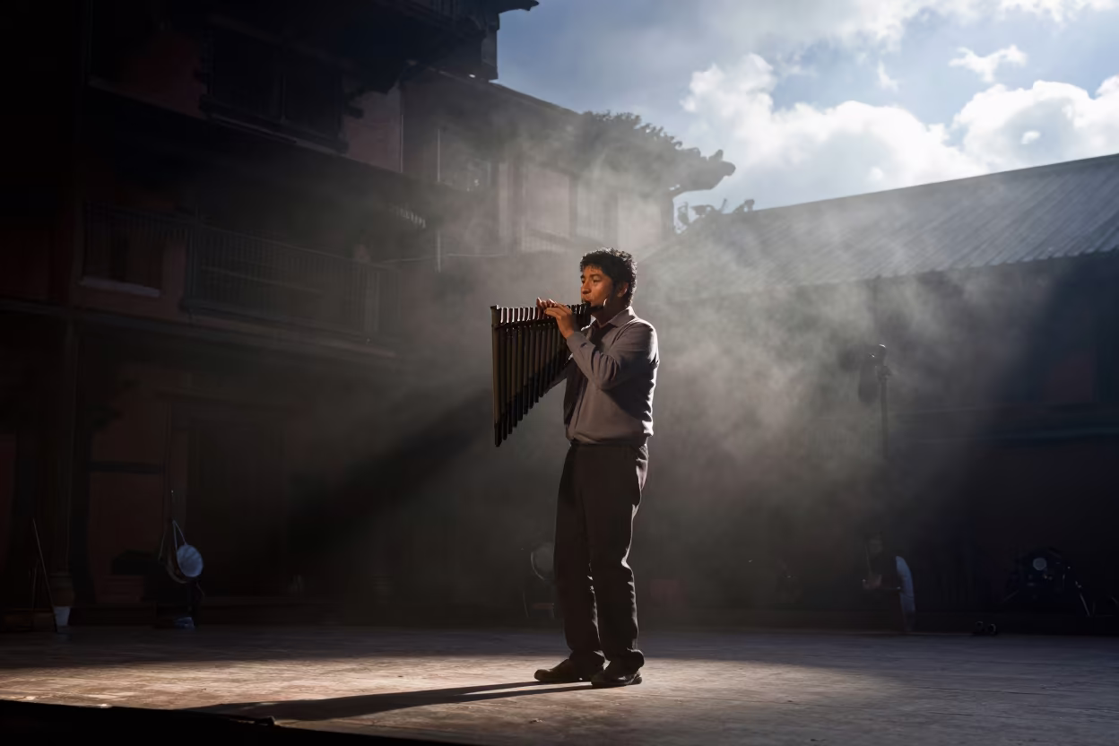 Panpipe Musician on Kathmandu Stage at Dawn in on a theater stage in Kathmandu