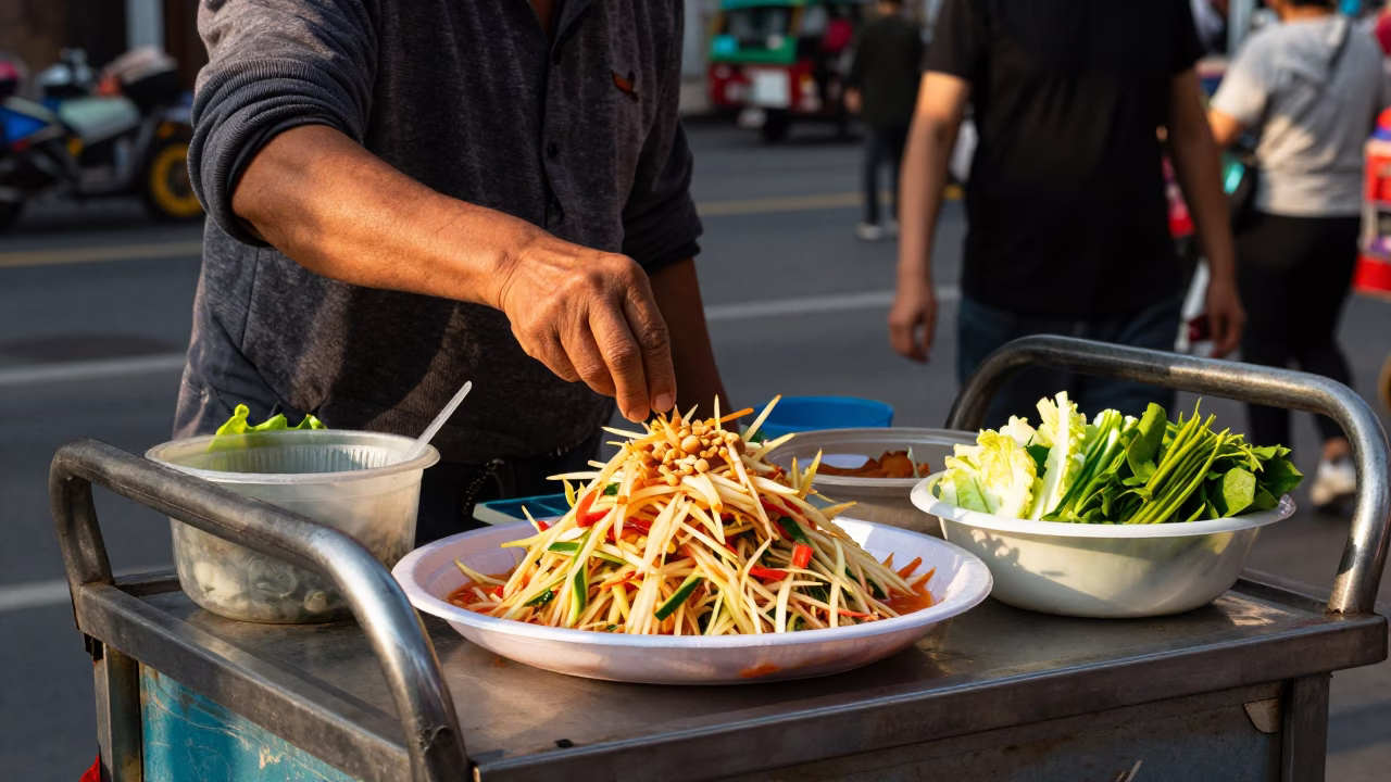 Papaya Salad in Shanghai at Clear Late-afternoon Light in in Shanghai, China