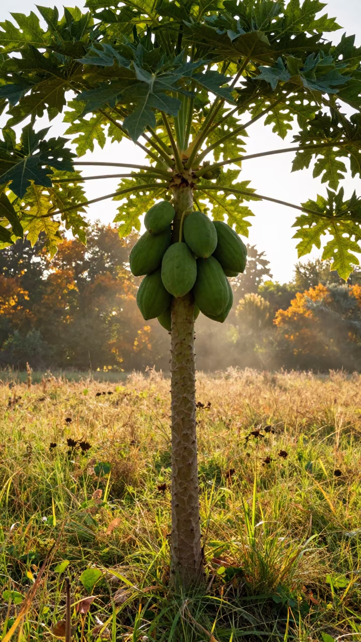 Papaya Tree With Fruit in Autumn Meadow in in a bloom-heavy meadow near St. Catharines