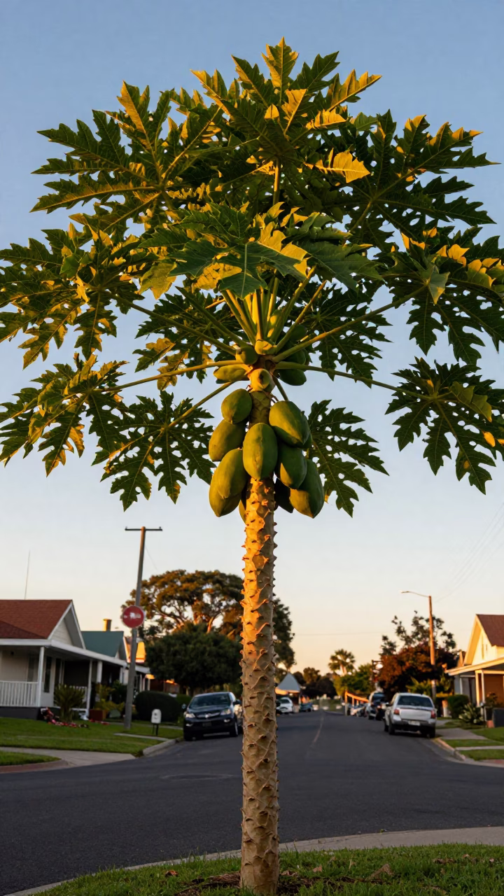 Papaya Tree in Adelaide at Honeyed Evening Light in in Adelaide, South Australia, Australia