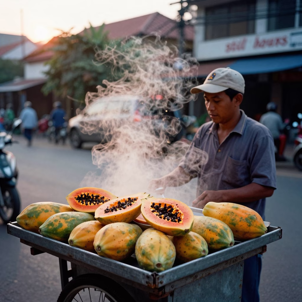 Papayas in Phnom Penh at The Still Hours Before Dawn Light in in Phnom Penh, Cambodia