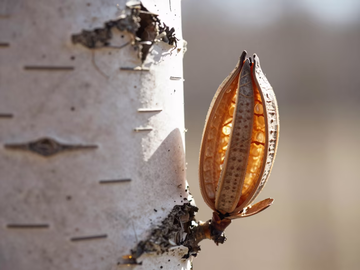 Paper Birch Bark Macro Detail Near Urgench in inside a seed pod split open near Urgench