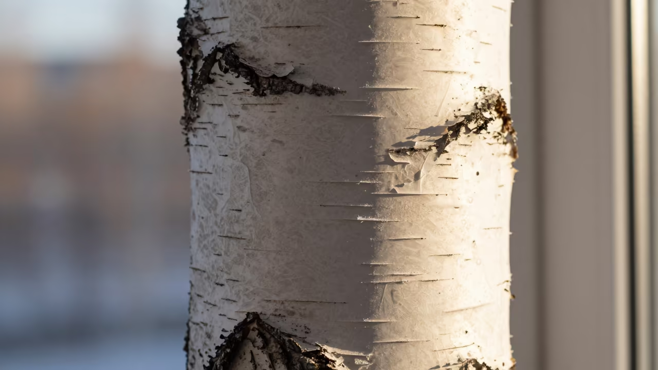 Paper Birch Bark Texture Detail Macro in along a frost-edged windowpane near Hohhot