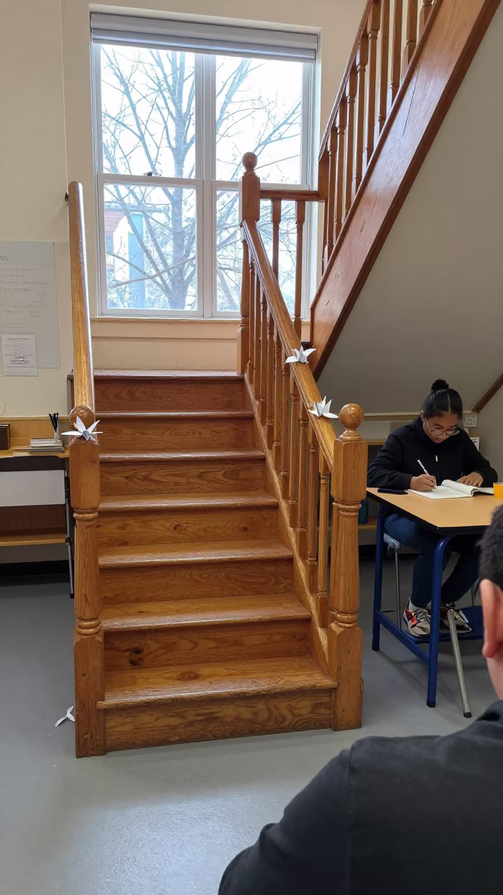 Paper Crane Staircase in Baltimore Art Classroom in inside an art classroom in Baltimore