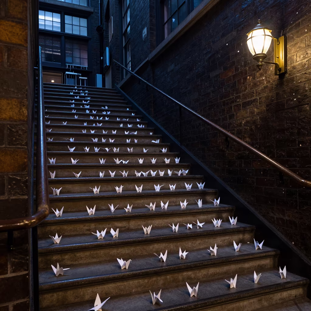 Paper Cranes on London School Staircase in in a school laboratory in London