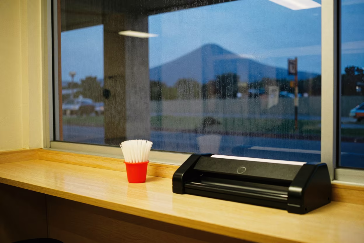 Paper Cutter Brush Cup Before Store Opens in at a checkout lane under flat store light near Cerro Santa Lucia, Santiago
