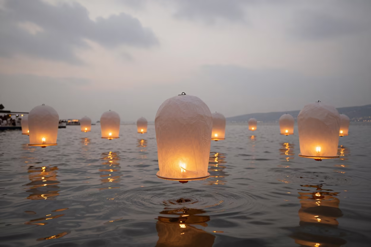 Paper Lanterns Floating in Izmir Hall in in a ceremonial hall in Izmir