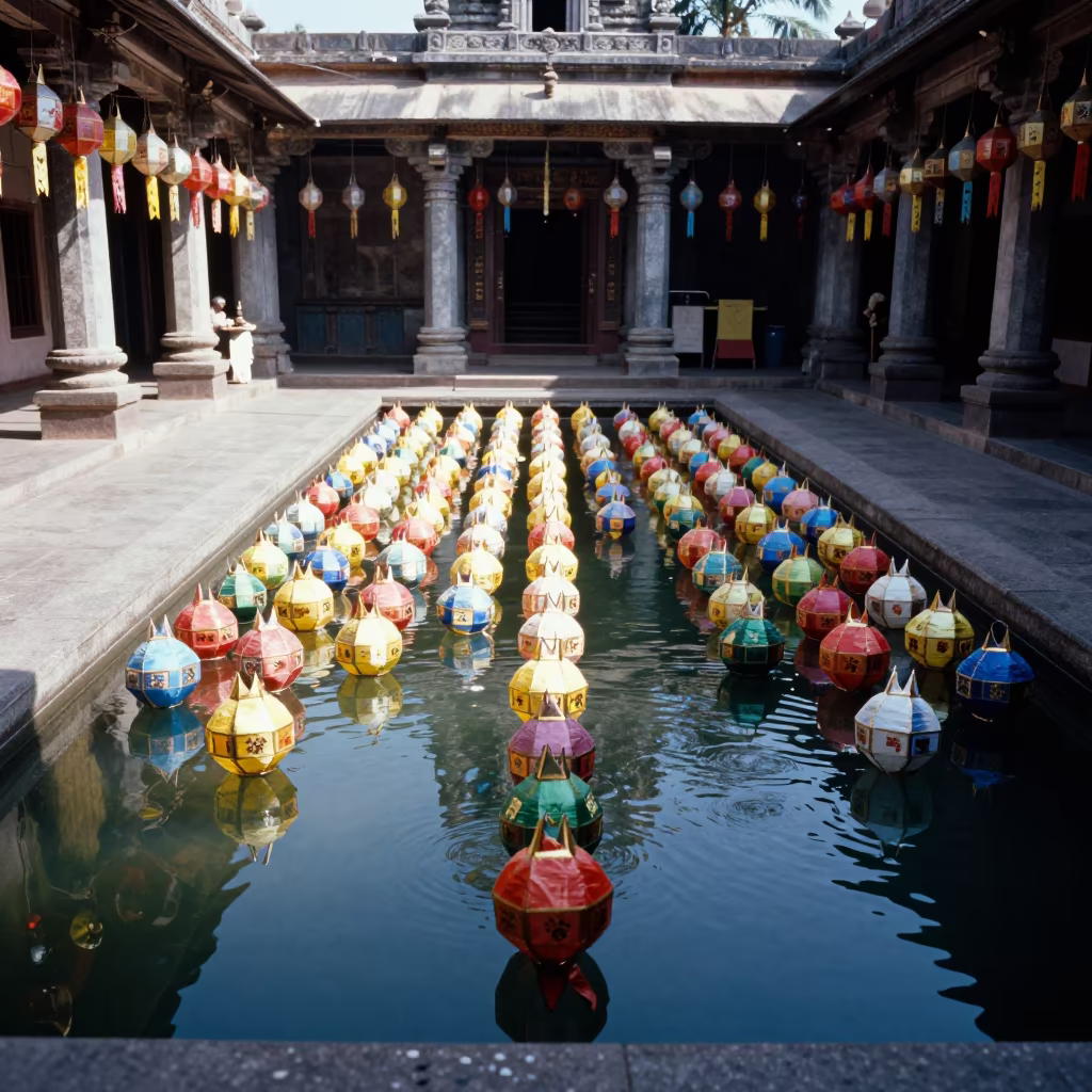 Paper Lanterns Floating on Shrine Water in in a shrine lined with lanterns in Tirunelveli