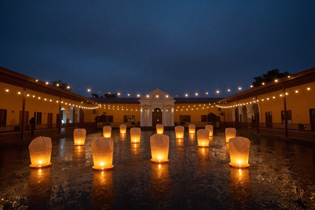 Paper Lanterns Floating on Water in Lima Hall in in a ceremonial hall in Rimac, Lima