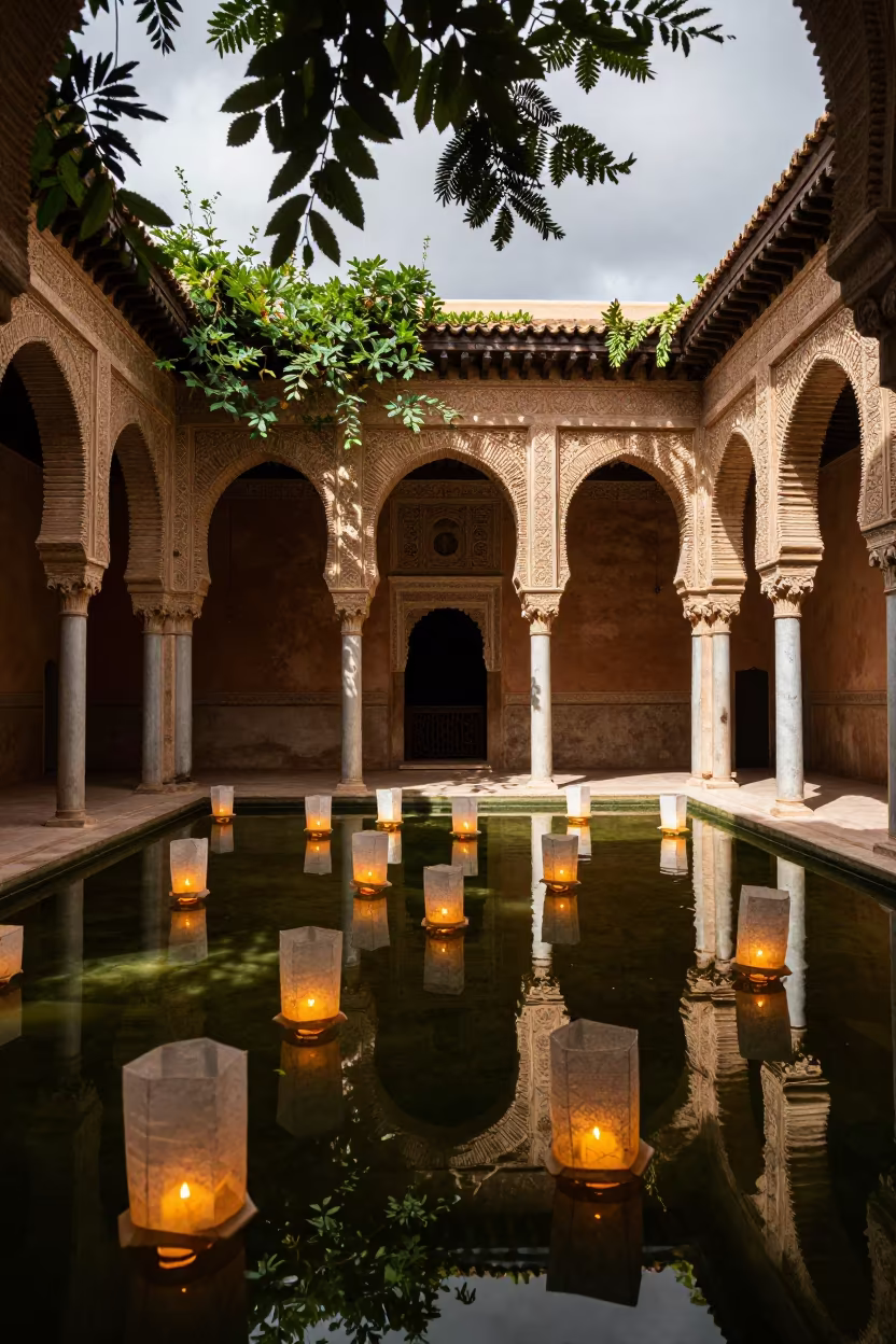 Paper Lanterns Floating on Water in Tunis Hall in in a ceremonial hall in Tunis