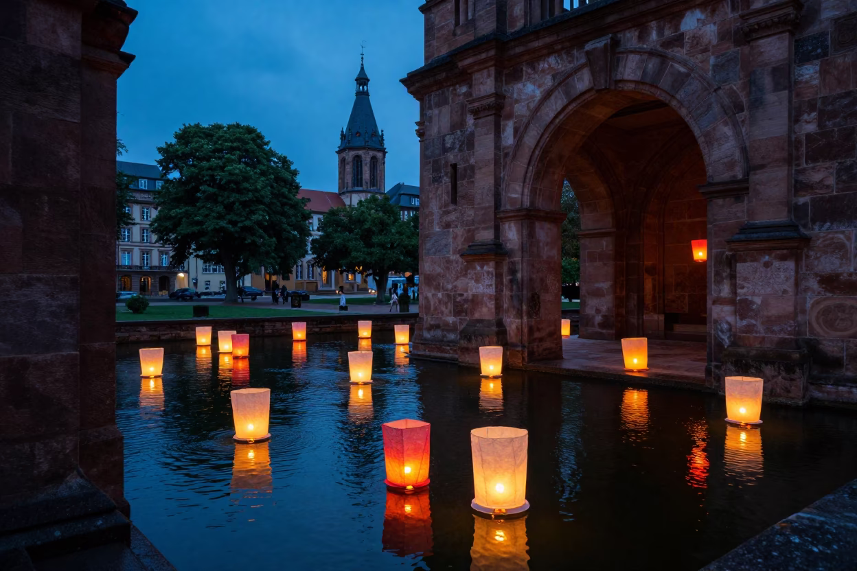 Paper Lanterns Float on Shrine Water in Trier Evening in in a shrine lined with lanterns near Trier