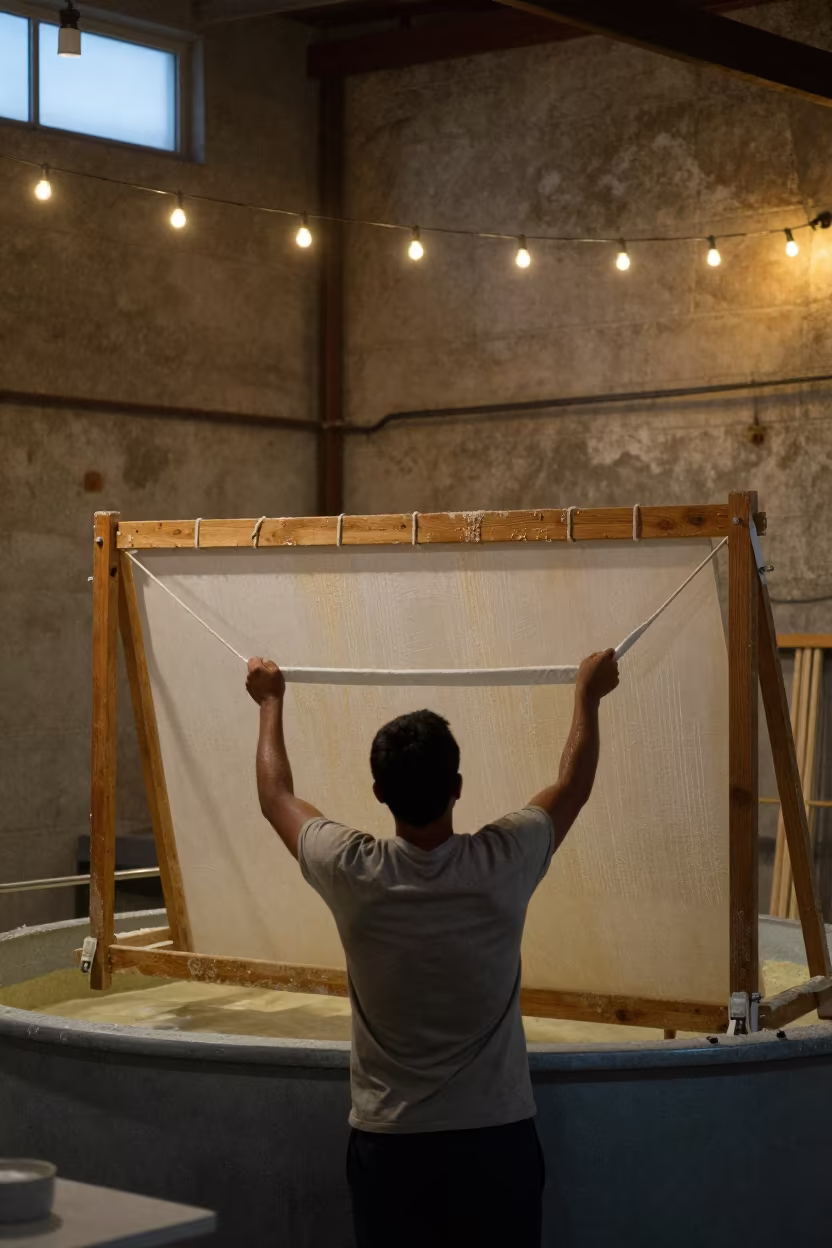 Paper Maker Lifts Screen From Vat In Antalya Loft in in a warehouse loft in Antalya