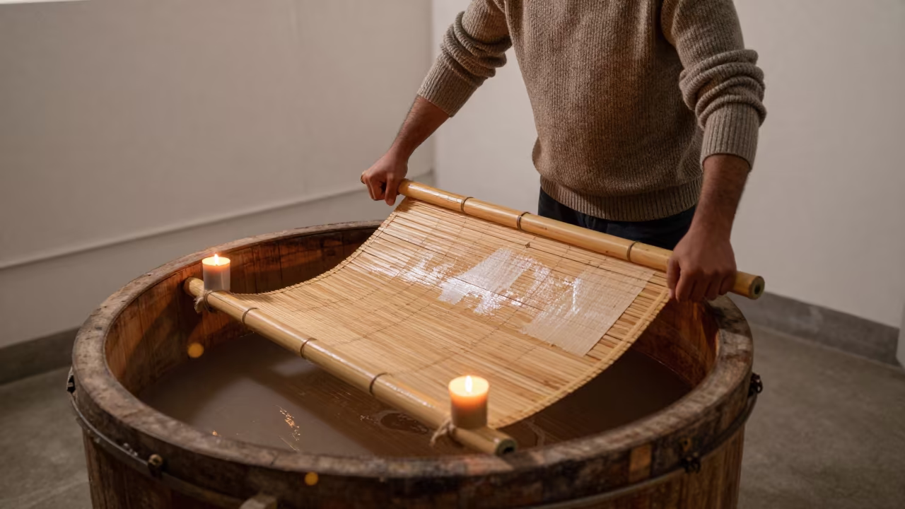 Paper Maker Pulls Screen From Vat in Dhaka Studio in in a studio in Dhaka