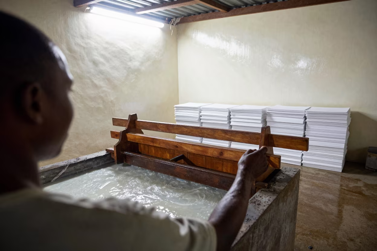 Paper Maker Pulling Screen from Vat in Douala Workshop in in a workshop in Douala