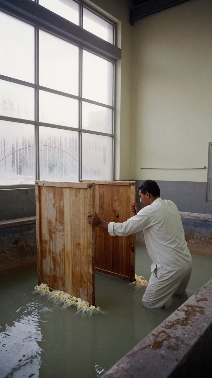 Paper Maker Pulls Screen from Vat in Abu Dhabi Foundry in in a foundry in Abu Dhabi