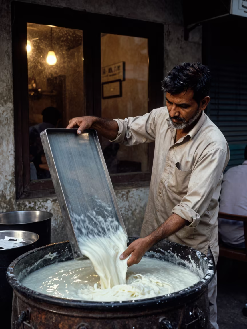 Paper Maker Pulls Screen From Vat in Lahore Cafe in in a cafe in Lahore