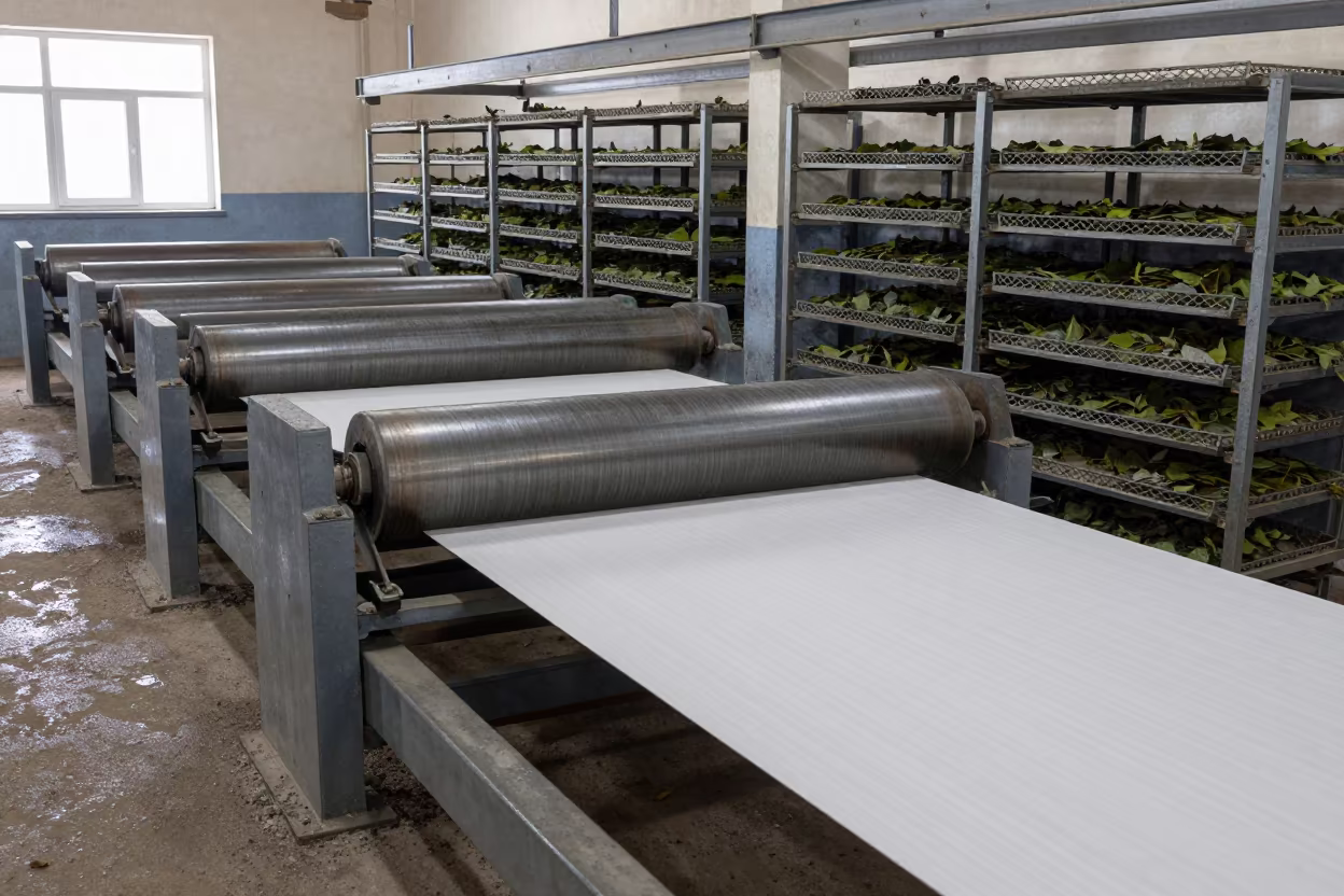 Paper Mill Rollers Drying Leaves Midmorning in inside a leaf-drying room lined with mesh trays near al-Bab