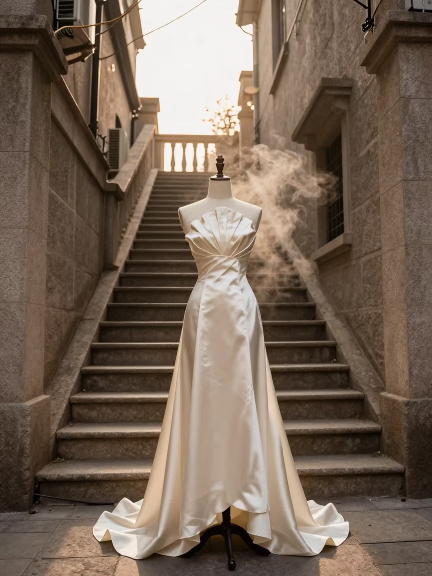 Paper Pattern Dress Form on Stone Lane in in a stone lane between old facades in Shanghai