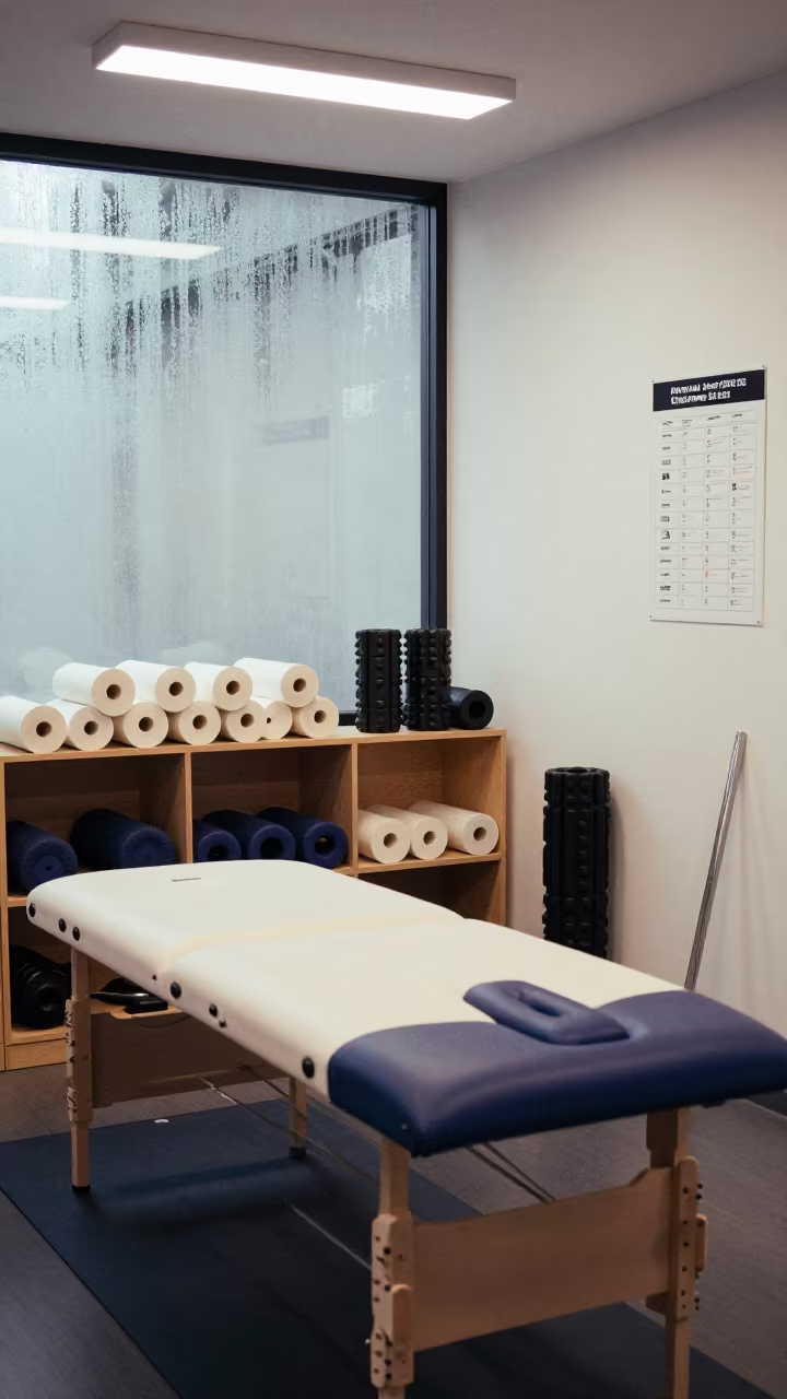 Paper Roll Shelf And Recovery Gear In Munich Lounge in inside a recovery lounge beside foam rollers in Munich