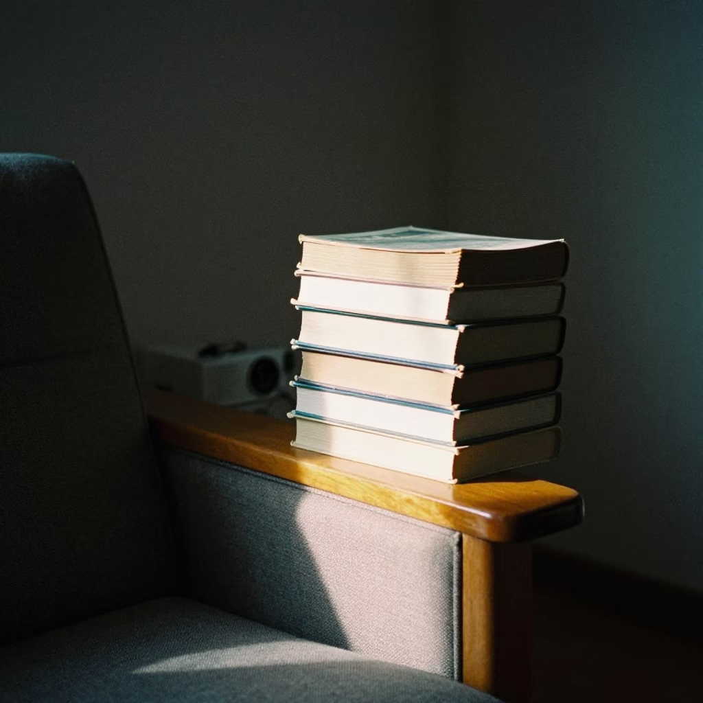Paperback Stack on Armchair Before Dawn in on a reading nook cushion in Changchun