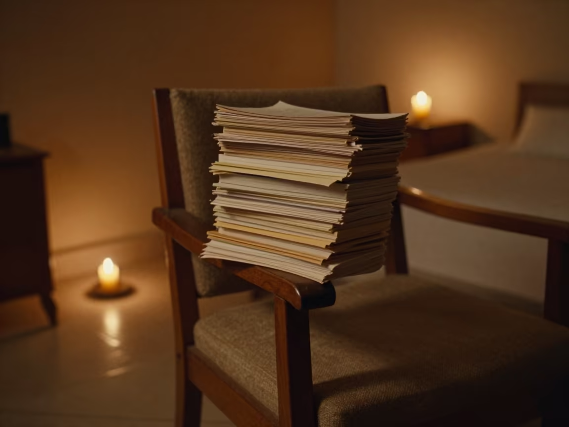 Paperback Stack on Armchair in Candlelit Bedroom in in a candlelit bedroom in Nouadhibou