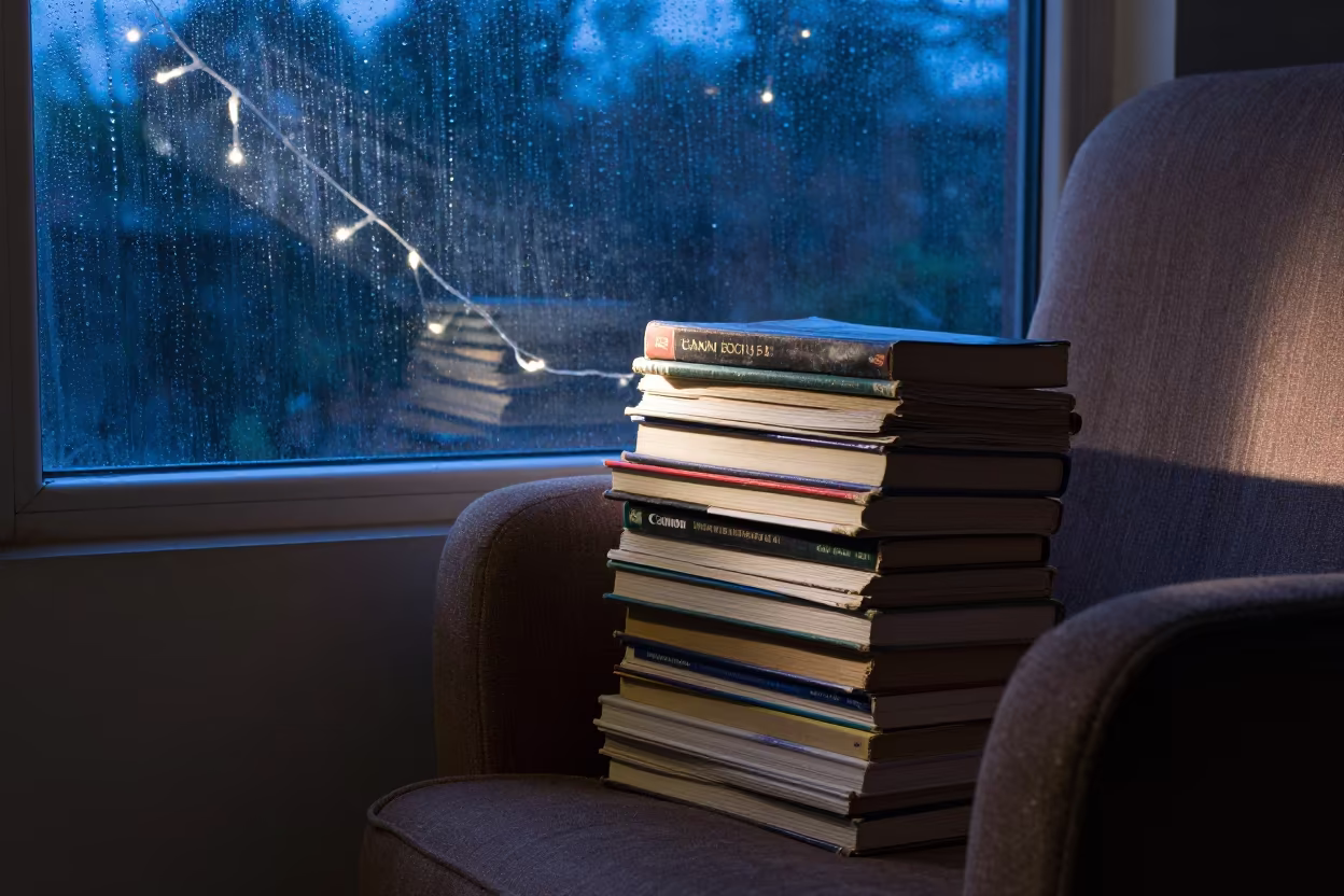 Paperbacks on Armchair in Ikeja Twilight in beside a rain-streaked window in Ikeja