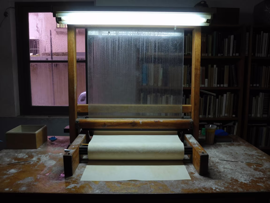 Papermaker Pressing Pulp in Maracaibo Library in on a dusty library table near Maracaibo