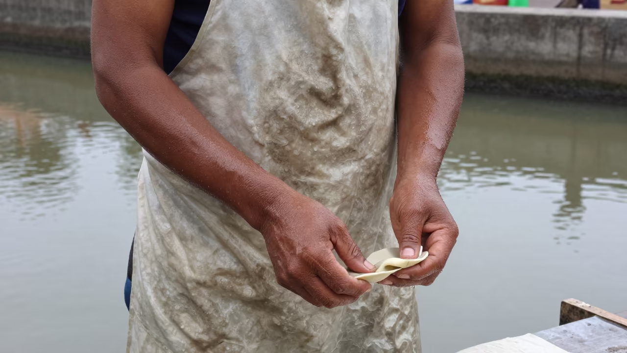 Papermaker With Wet Forearms Beside Durg Canal in beside a canal in Durg