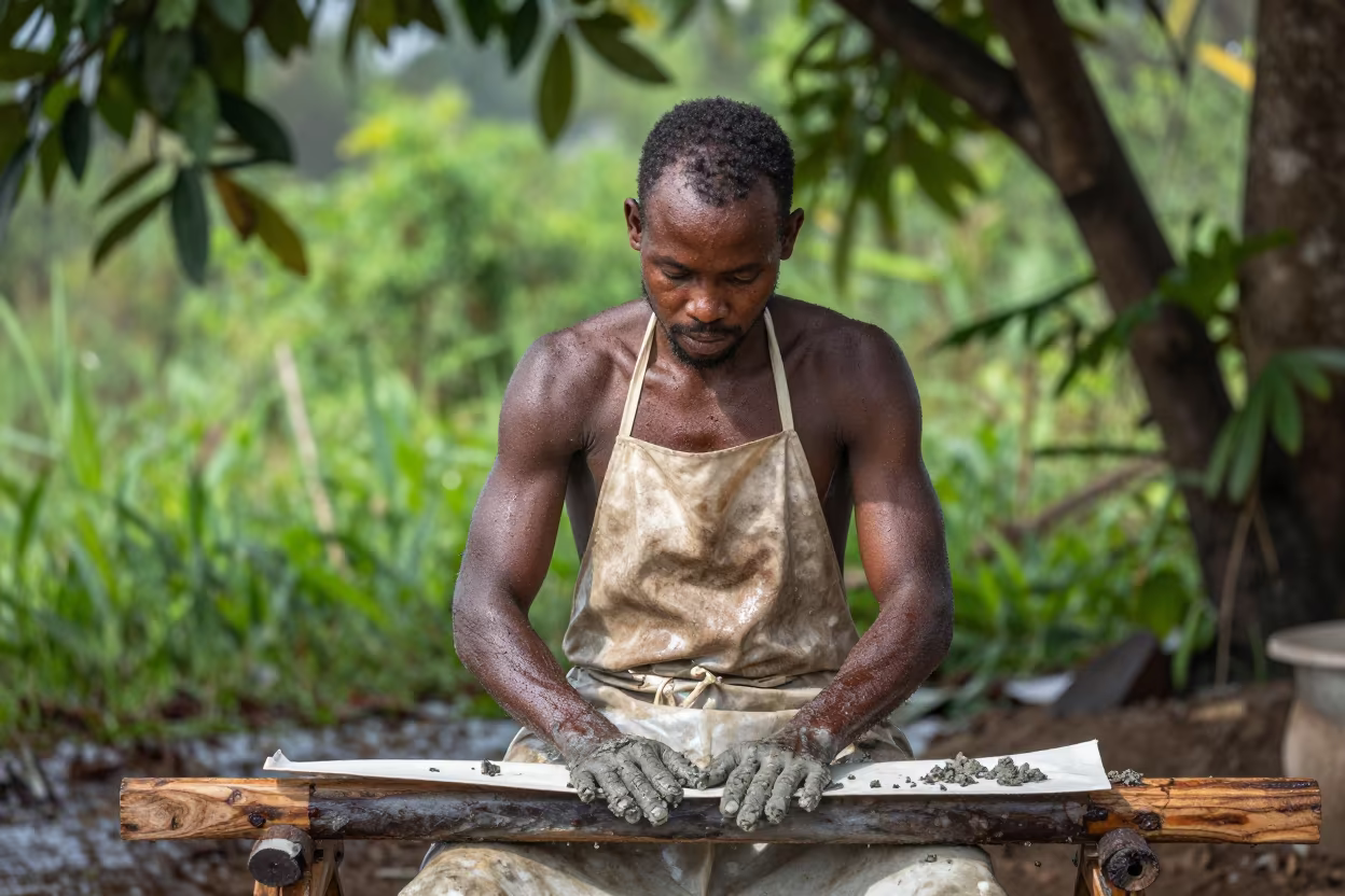 Papermaker With Wet Forearms in Rainy Afternoon Light in near Chimoio