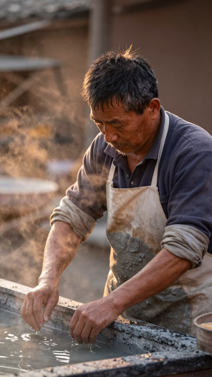 Papermaker with Wet Forearms in Xining Dusk in near Xining
